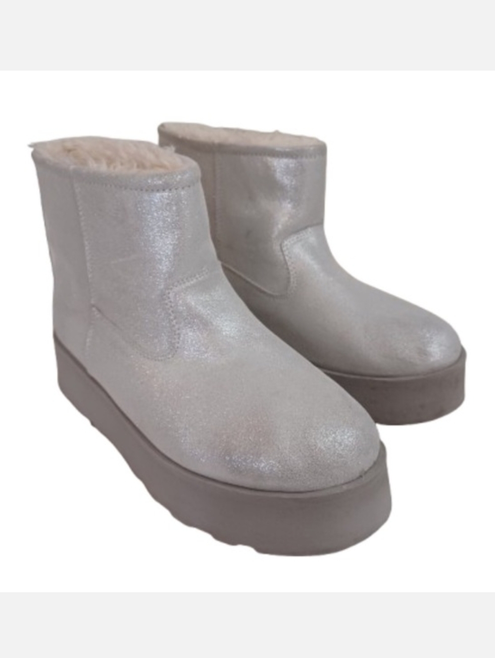 TIME AND TRU Leather Metallic Silver Sherpa Fuzzy Cozy Ankle Booties Shoes